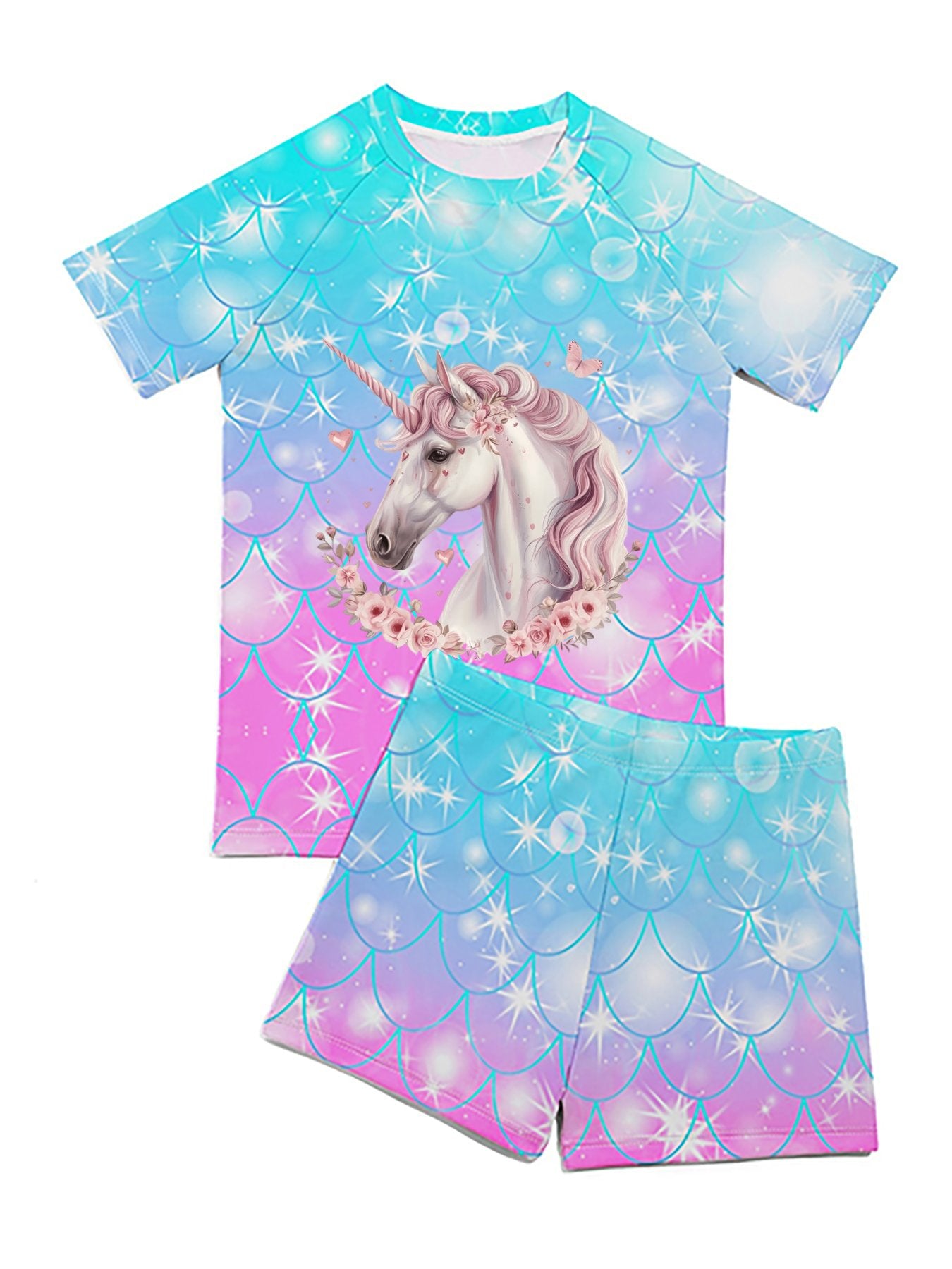 Kids Swimsuits Two Piece Short Sleeve Set Bathing Suit Beach Swimwear - Printgiftyk