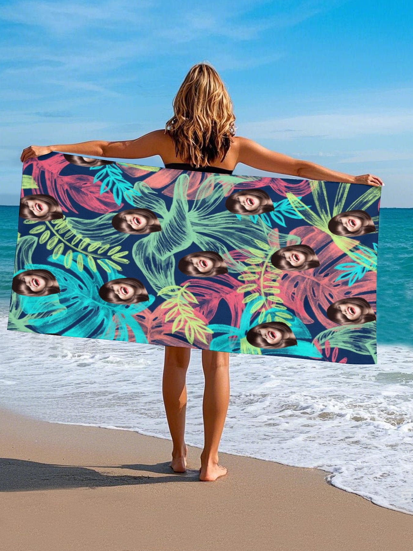 Personalized Beach Towels with Face Picture Custom Bath Towel Summer Tropical Leaves Gifts - Printgiftyk